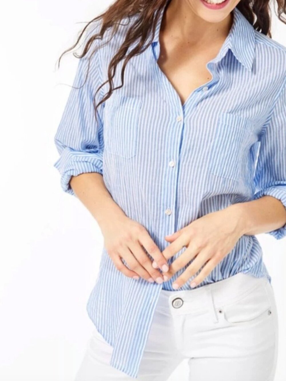 Lilly Pulitzer Sea View Cotton Blue Stripe Long Sleeve Button Down Shirt, Large